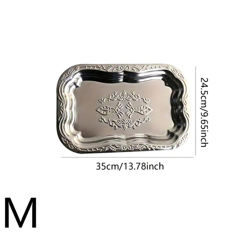 1Pcs Stainless Steel Rectangular Tray With Embossed Design For Kitchen Living Room Storage Durable Fruit Snack Cake Serving Dish