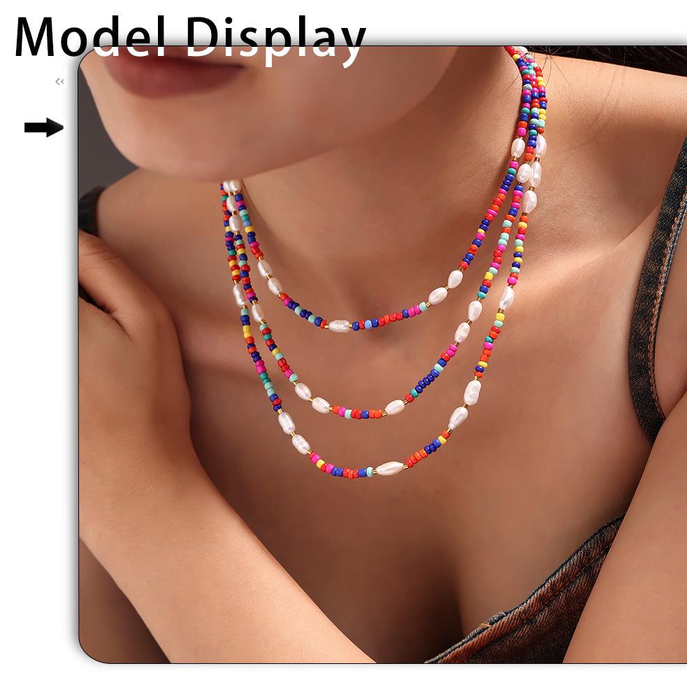 Bohemian Multi-Color Beaded Necklace with Glass Stones and Freshwater Pearls for Women