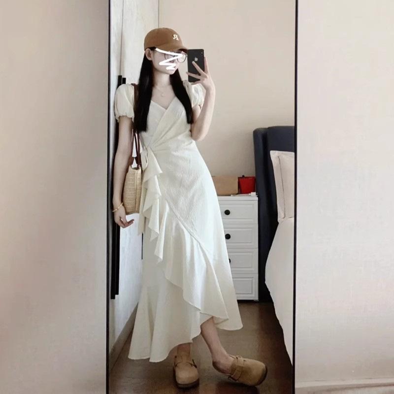 French High-end Ruffle Leaf Edge Bubble Sleeve Dress Women's Summer Design Waist Thin Dress Children