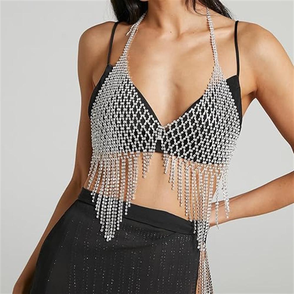 Summer Nightclub European And American Hollow Mesh Fringed Rhinestone Breast Chain, Exaggerated Women'S Love Underwear Jewelry