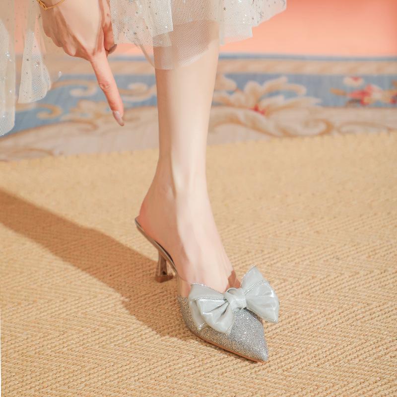 Spring and Summer New Bow Rhinestone Pointed Half Slippers Femininity Wear Sandals Stiletto High Heels