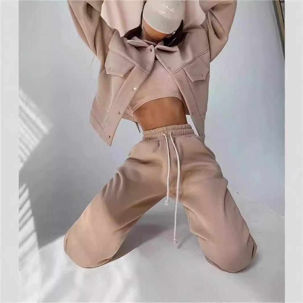 2024 European and American solid color women's single-breasted jacket top casual trousers women's suit jacket sweater pants two-piece set