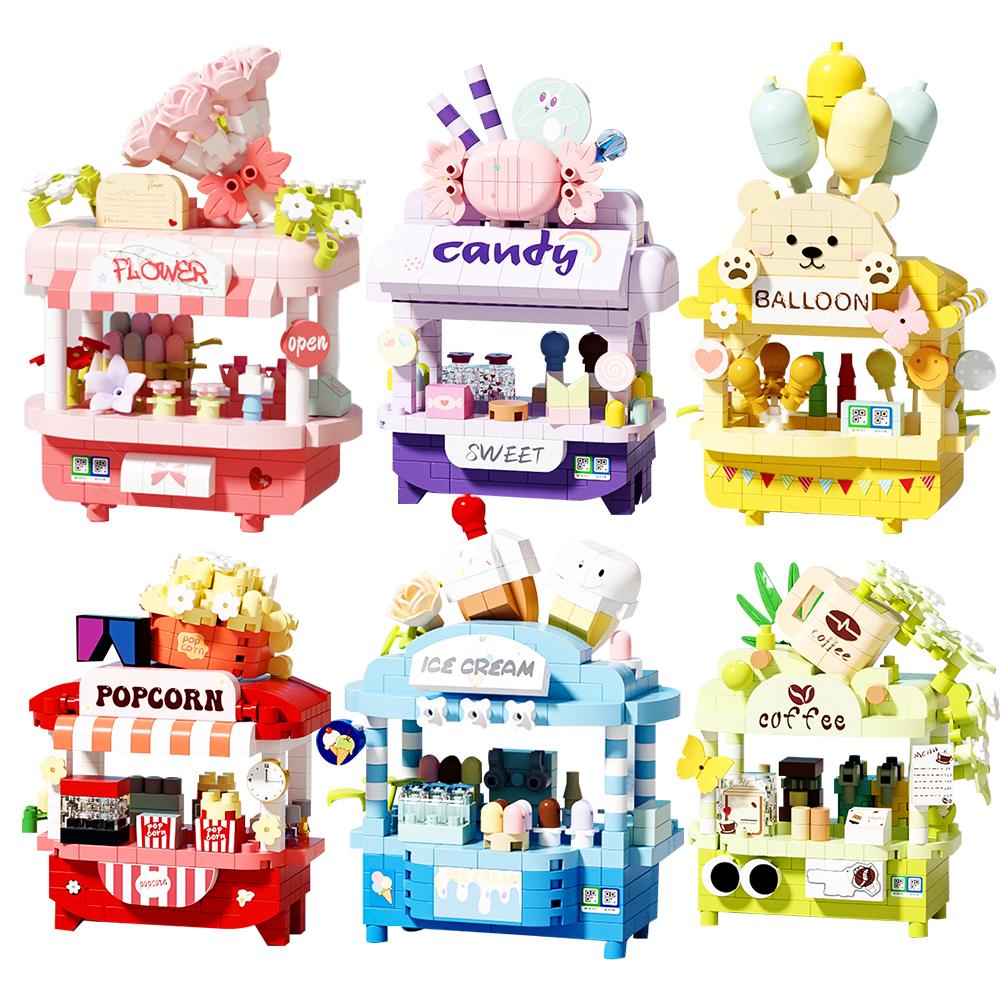 Cute MOC Dessert Street Shop Model Micro Building Block Flower Model Mini Brick Toy for Children Desk Home Decoration