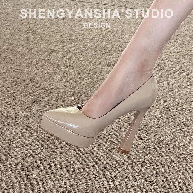 Nude 2025 waterproof platform spring and summer high heels new patent leather pointed tip not tired pointed thick heel women's shoes single shoes