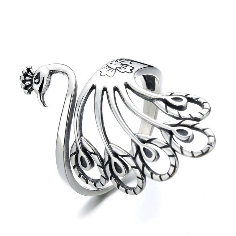 Adjustable Open Ring Men Women Vintage Ethnic Peacock Design Copper Plated Retro Boho Finger Jewelry