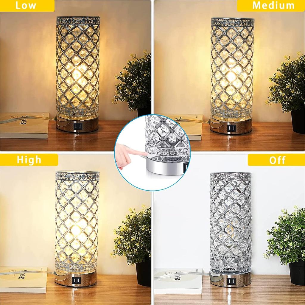 Modern Crystal Table Lamp, 3 Way Dimmable Touch Control Desk Lamp Wireless Charging, Dual USB Nightstand Lamps, Modern Bedside LED Lamp for Bedroom,