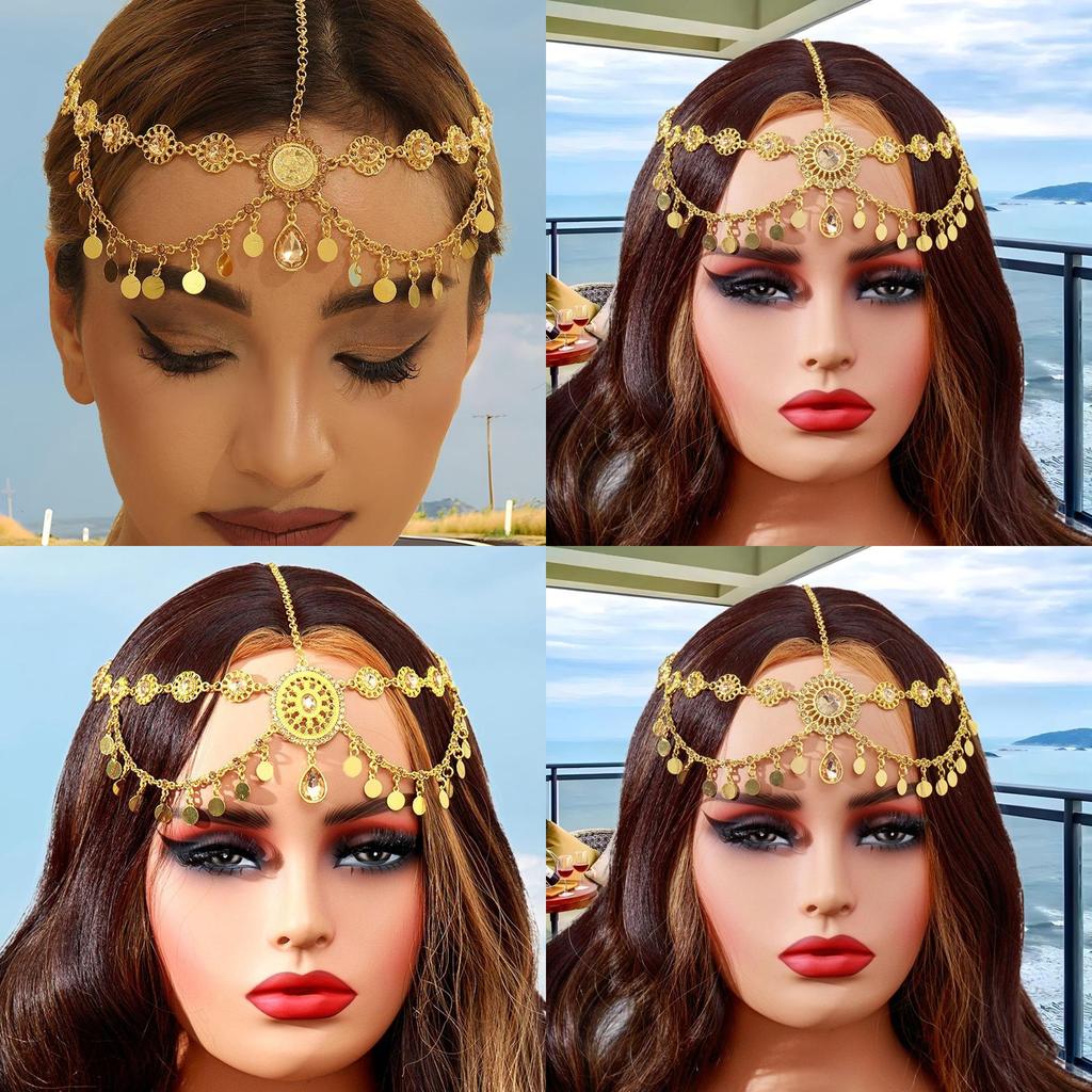 Elegant Simulation Gemstone Decor Women Golden Headpiece With Tassel Design For Travel And Gift