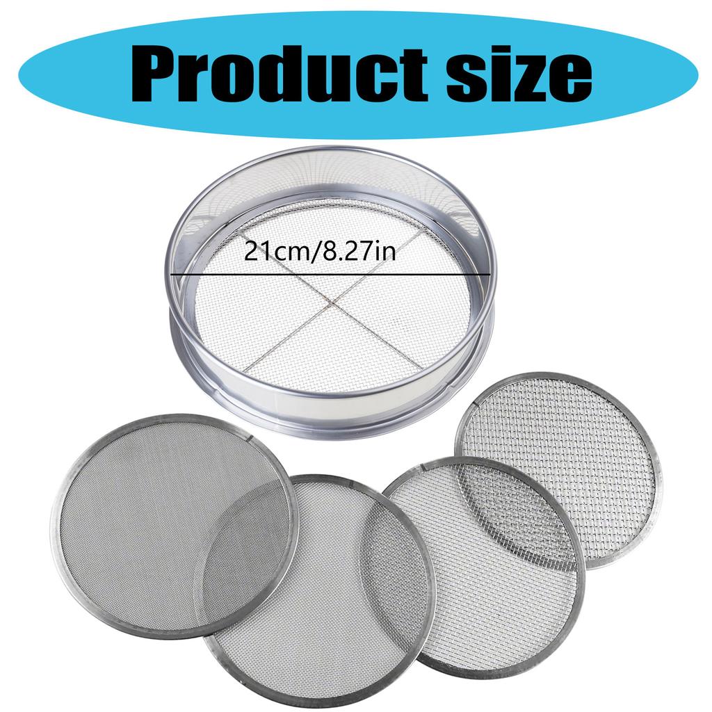 Stainless Steel Soil Sifter Set for Gardening 8 Inch Diameter with 4 Interchangeable Mesh Sizes 0.7/1/3/5mm
