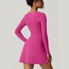 Womens Square Neck Bodice Dress Long Sleeve Side Slit Flare Mini Dresses