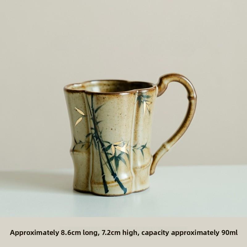 

Antique Style Gold Trim Hand Painted Bamboo Ceramic Mug with Handle Heat Resistant Tea Coffee Cup Chinese Style Gift 200ml