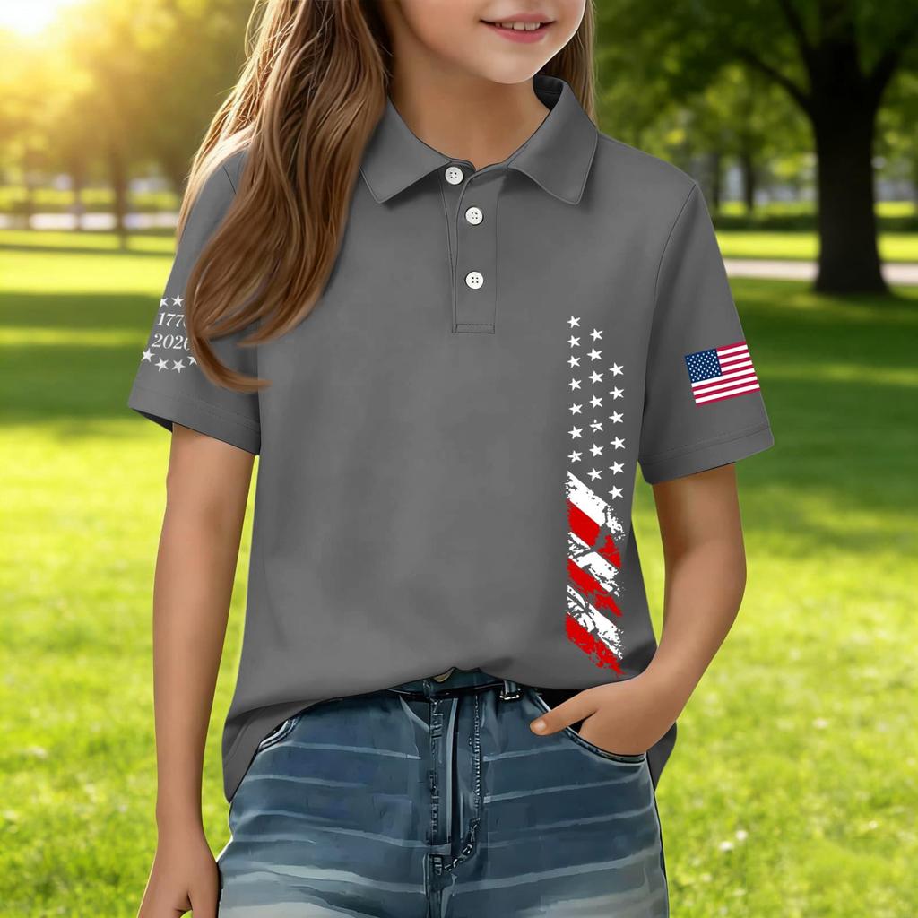 Kids Casual Short Sleeve Polo Shirt with Patriotic Flag Print Lightweight Breathable Cotton Blend Summer Tee for Boys and Girls