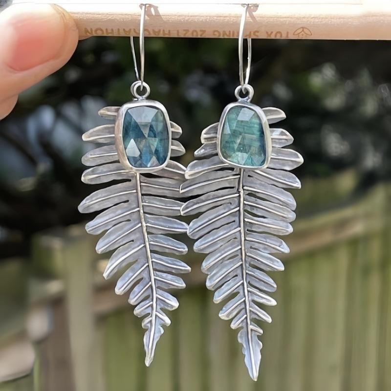 Винтажные серьги с инкрустацией синим камнем в виде листьев, бохо, геометрические, креативные, серьги-подвески серебристого цвета для женщин синий