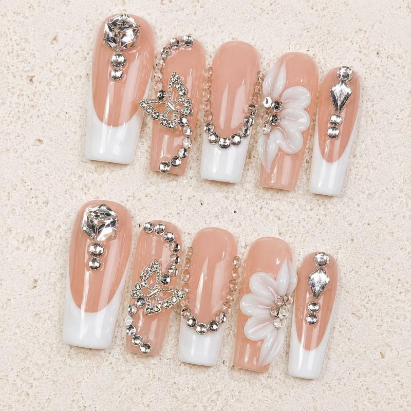10pcs Handmade Press-On Nails French Style 3D Floral Butterfly Rhinestone Nail Tips Women Short Wearable Manicure