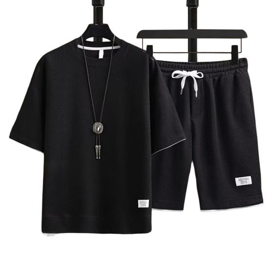 2026 3A Casual Outfit Trendy Drawstring Knee Length Casual Outfit Waffle Texture T-shirt Wide Leg Shorts Leisure Outfit Daily Garment