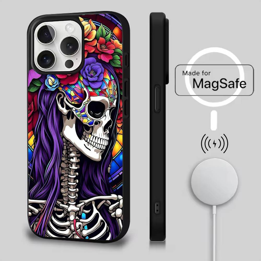 Mexican Catrina Skull Phone Case For iPhone 17,16,15,14,13,12,11,Pro,Max,Plus,Mini,Air,SE New Magsafe Magnetic Wireless Charging