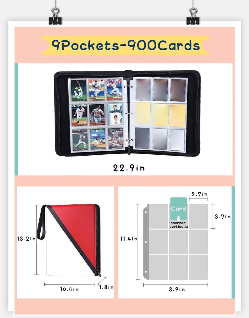 Card 9 Holds 900 File Pokemon Trading Card Collection File, Pockets, Cards, Case, Storage, TCG, Binder, Holder, (9 Pockets/900 Cards, Red)