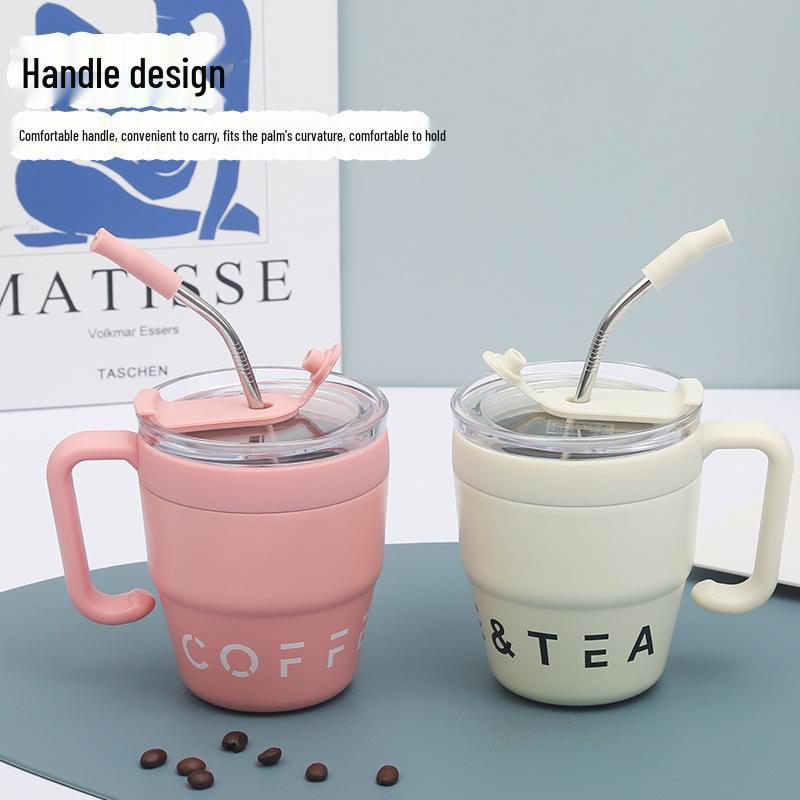 Premium Insulated Stainless Steel Straw Mug with Handle and Lid