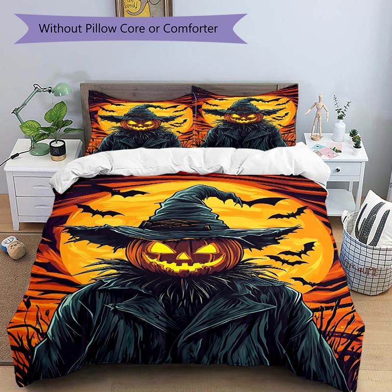 3pcs Pumpkin Witch Bedding Set - 1 Duvet Cover + 2 Pillowcases(Core Not Included), Machine Washable Polyester Yy251216169