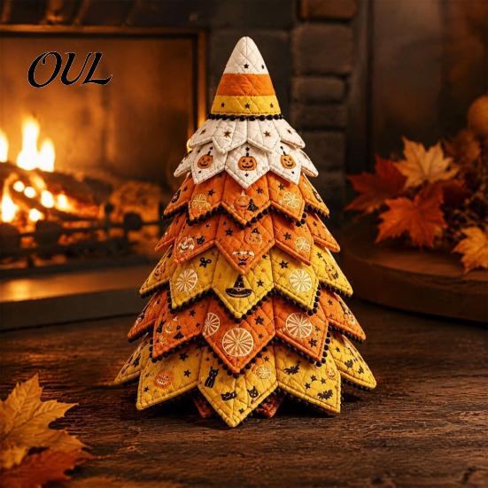 DIY Fabric Tree Supplies Halloween Quilted Kit, Witch Cat Spider Fall Seasonal Decorations 3D Padded Sewing Craft Project for Quilting Beginners,