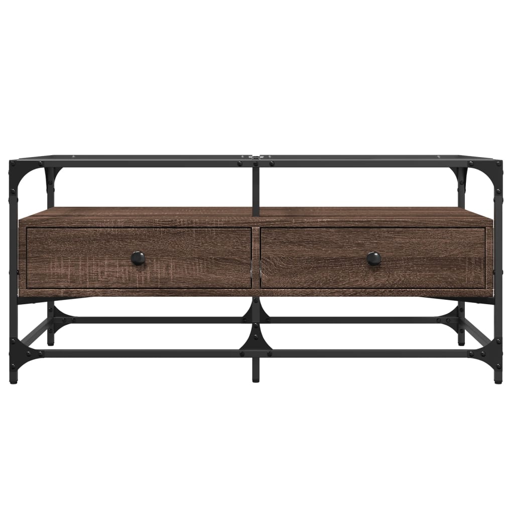 Coffee Table with Glass Top Brown Oak Effect 98.5 x 50 x 45 cm Steel