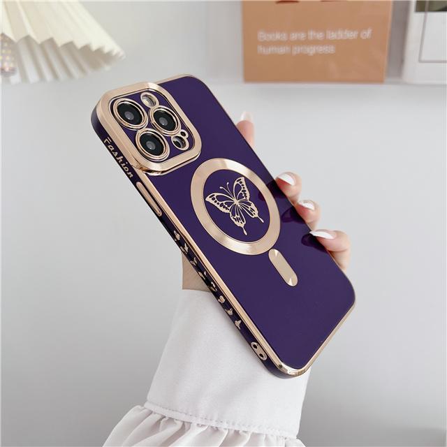 Pour iPhone 16 Pro Max Luxe Magsafe Magnétique Placage Papillon Coque de Téléphone Pour iPhone 11 12 13 14 15 16 Plus Couverture Protectrice