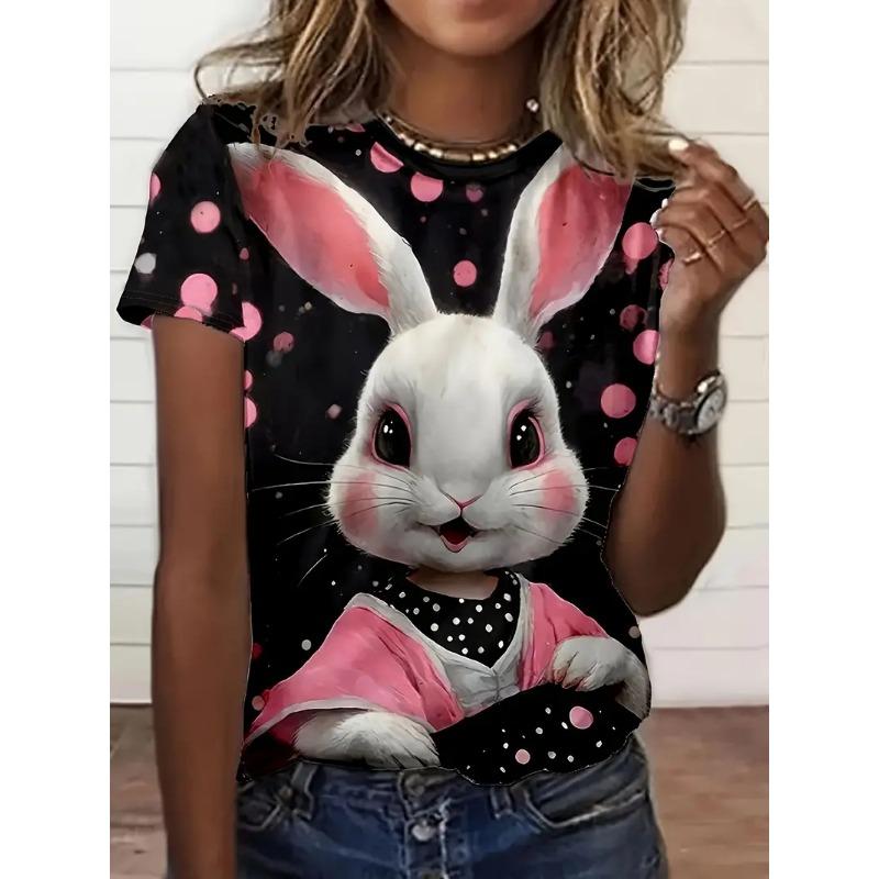 Full color Easter bunny and egg flower women's T-shirt casual short sleeved shirt