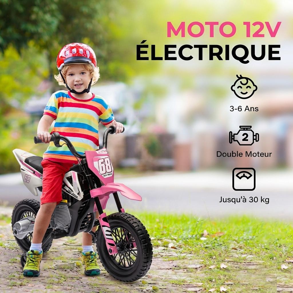 Electric Motocross Bike for Kids, Ages 3-6, 2 x 12V Motors, 5 km/h, 109.5 x 60 x 72.5 cm, Pink