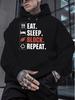Men'S Black Hoodie Featuring a Trendy 'EAT SLEEP BLOCK REPEAT' Design, Available In Large Size. This Stylish Sweatshirt Is Perfect for Autumn And Wint