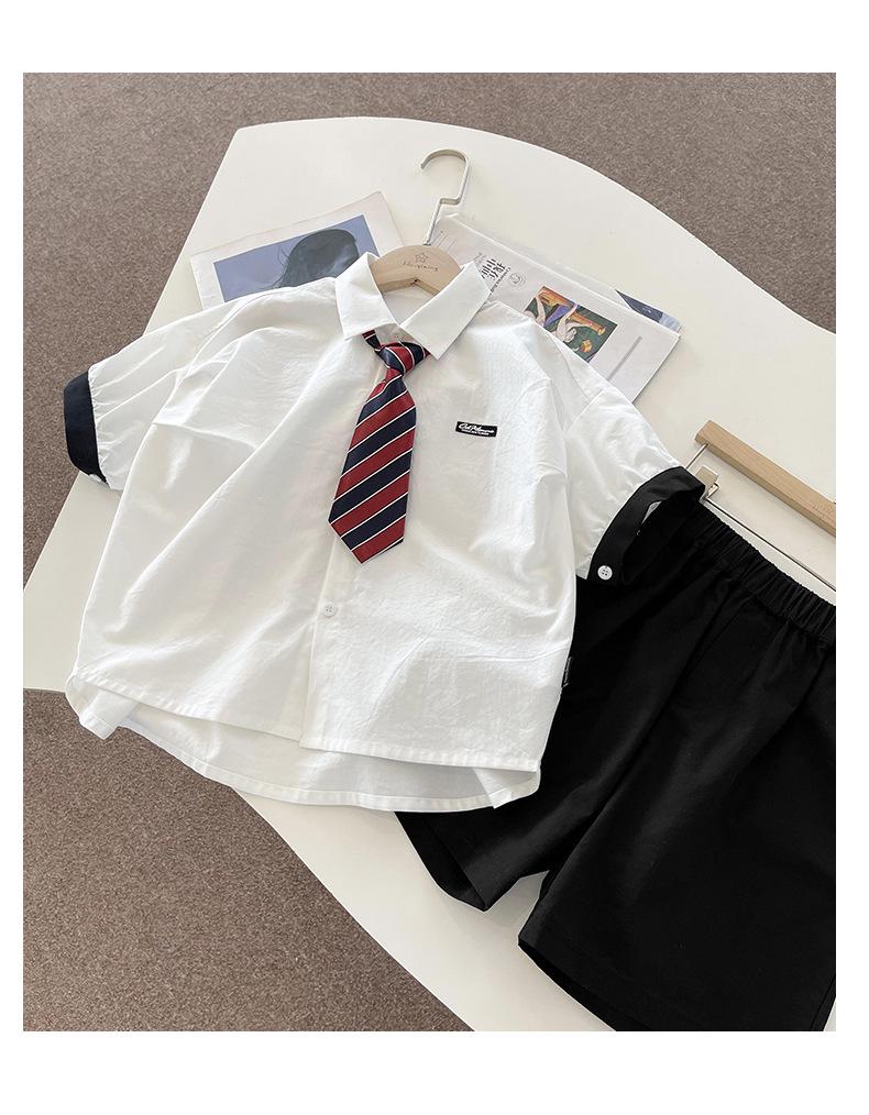Kids' Korean Style Short-Sleeve Tie Shirt - 2026 Summer Trendy Performance Wear for Boys