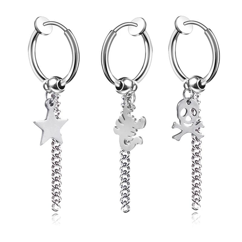 Punk Stainless Steel Chain Hoop Earrings Unisex Goth Pop Hip Hop Pendants Fashion Ear Jewelry Accessories