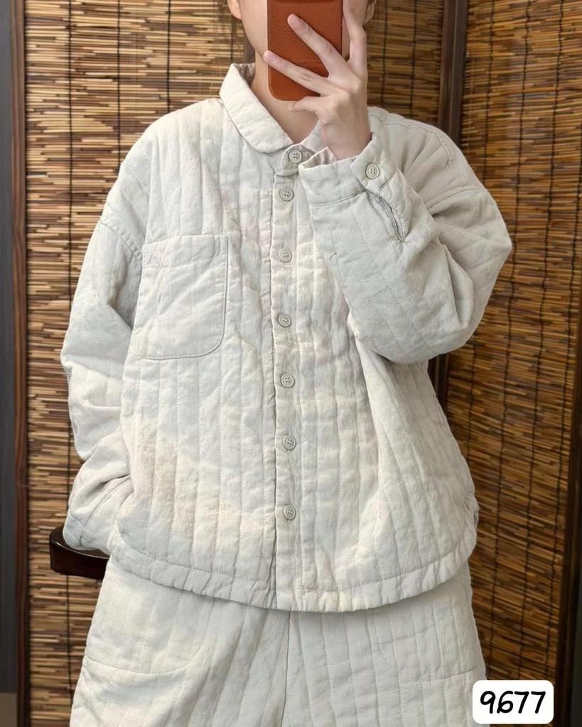 Women's Casual Quilted Long Sleeve Jacket - Solid Color, Loose Fit, Thin Cotton, Linen Blend