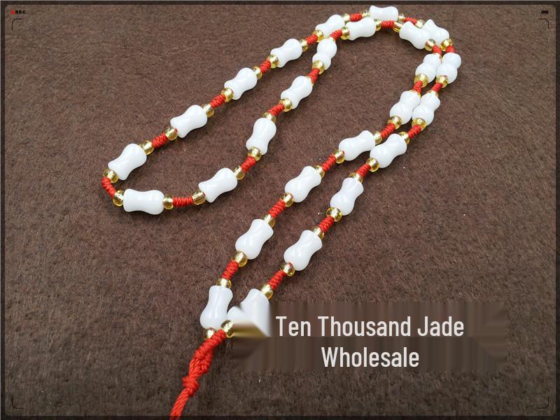 Hand-Woven White Jade Bead Necklace with Rope Total length approximately 58 cm
