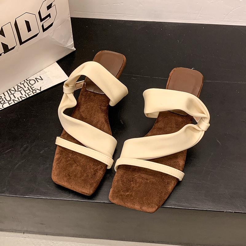 One-word Sandals French Pointed Niche Sandals Women's Shoes Wear Black Wedge Heels 2025 Summer New Slippers