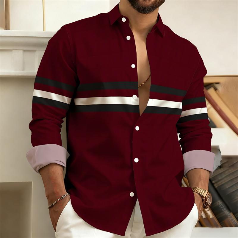 Men's Color-Block Striped Long-Sleeved Shirt, Business Casual Lapel Shirt, Fashionable Men's Top, Available In Sizes