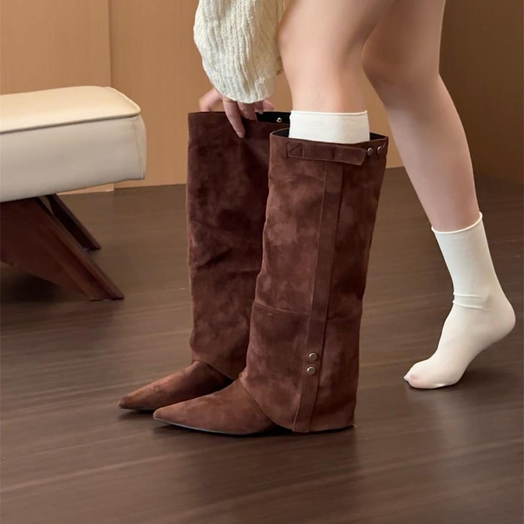 Keilabsatz Vintage Braun Maillard Hose Stiefel Damenstiefel 2025 Herbst/Winter Hoher Absatz Spitz Zulaufend Skinny Stiefel