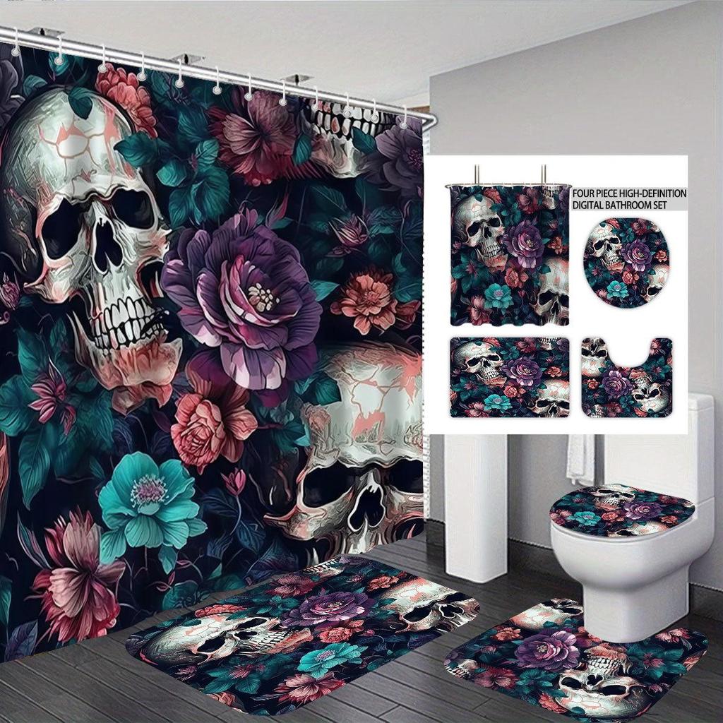 TikTok Halloween Badkamer 4-delige Set: Waterdicht Polyester Douchegordijn en Nat/Droog Afscheiding