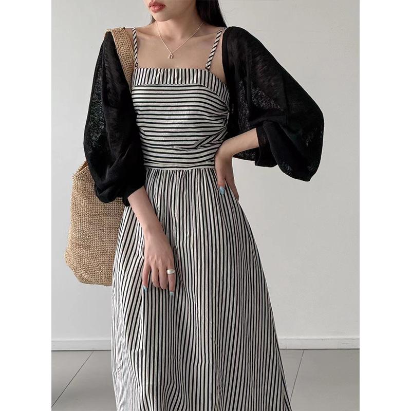 Tachibana summer new tube top contrasting color striped dress women's high sense temperament high waist and thin