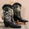 Moda Puntera puntiaguda Tacón grueso Tacón medio Patrón bordado Botines bajos Botas vaqueras occidentales de caballero Botas de cuero para mujer de talla grande