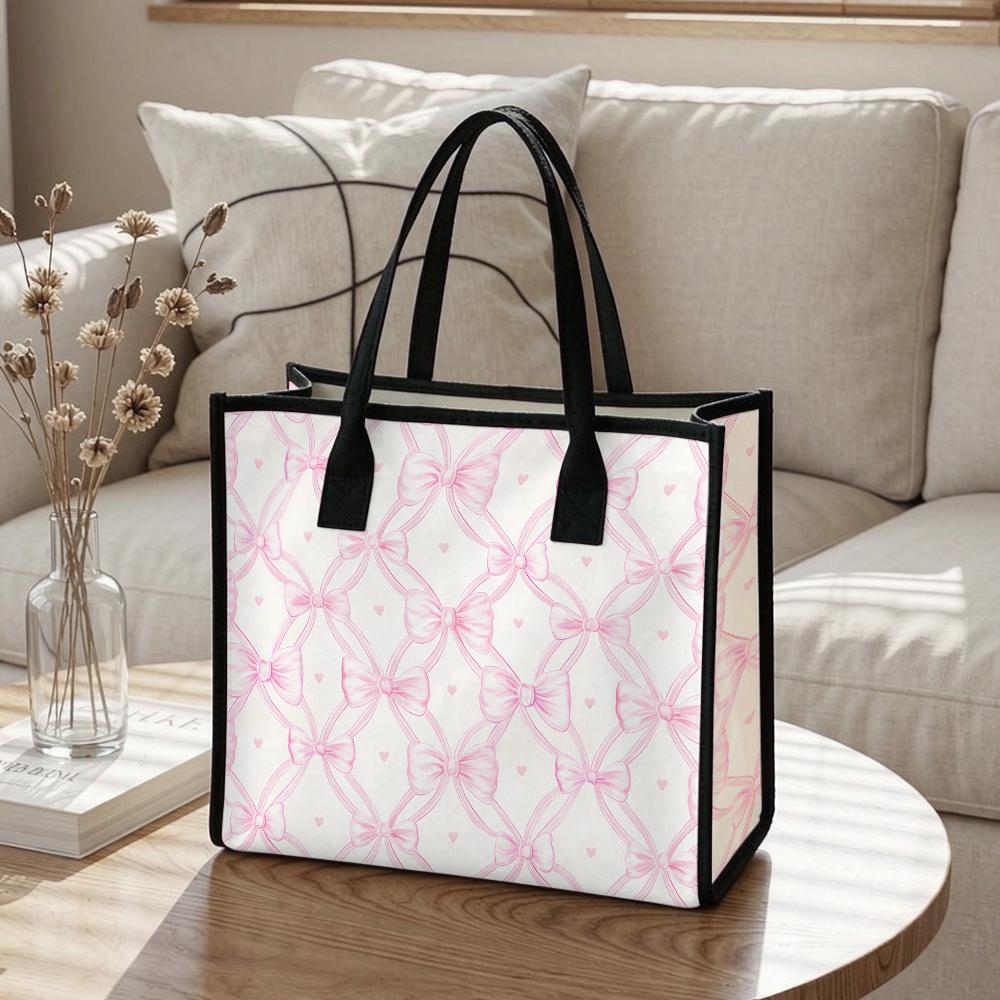 Cute Pink Bow Printed Tote Bag Casual Daily Portable Large Capacity Women Handbag