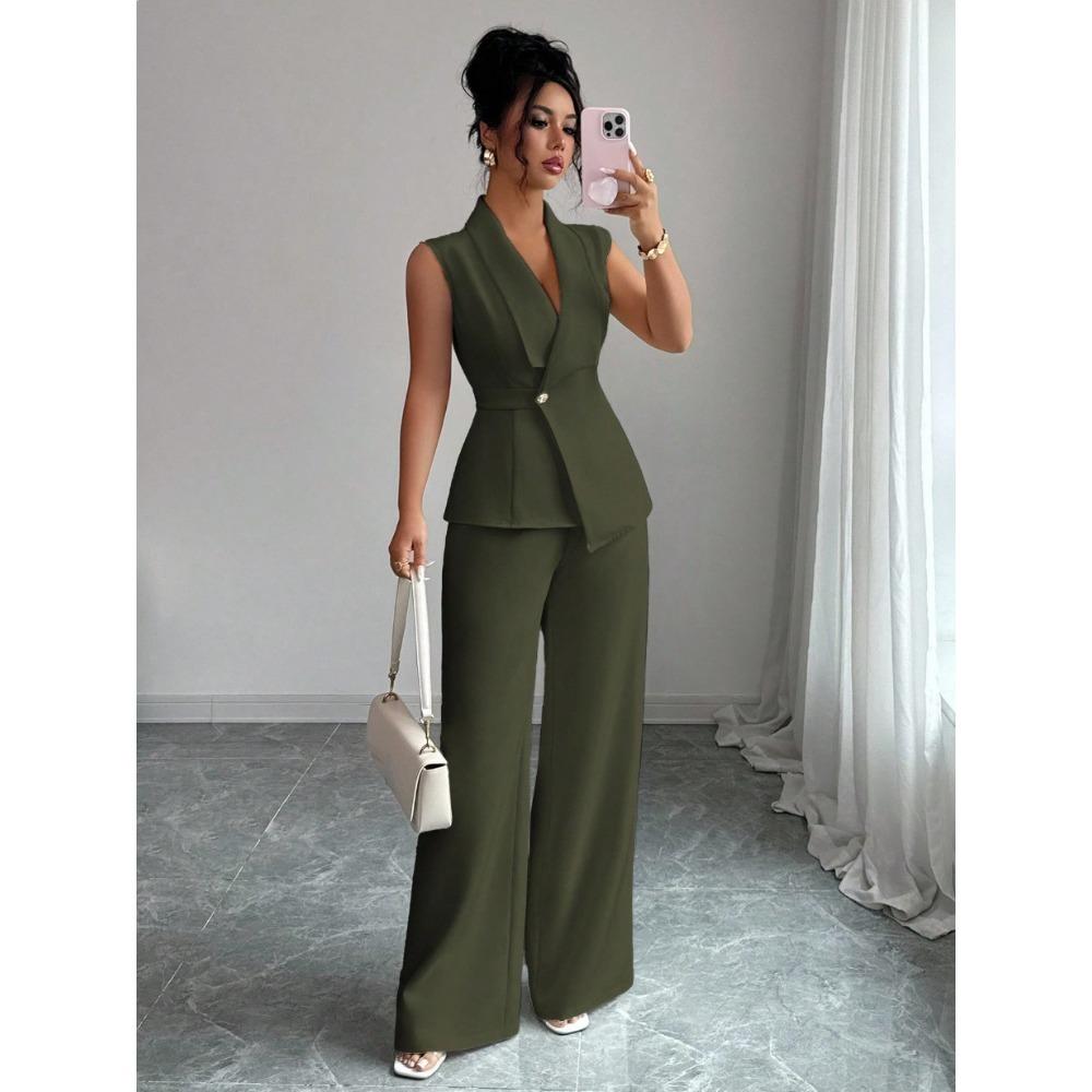 Women's Relaxed Fit Two Piece Pantsuit Sleeveless Blazer Top High Waist Wide Leg Trousers Solid Color Elegant Commuter Matching Outfit