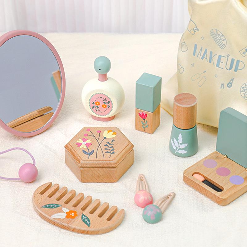 Korean-Style Wooden Makeup Toy Set for Girls: Colorful Eyeshadow, Powder, Lipstick & Perfume