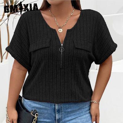 Women's Fashion Casual Large Size Solid Color Print Summer Spring Short Sleeve V-Neck Loose Fake Pocket Pullover T-shirt