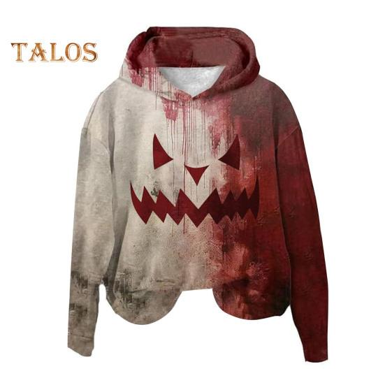 Women Hoodie 3D Bloodstain Print Halloween Vintage Haunted House Cosplay Top Hooded Long Sleeves Loose Hoodie