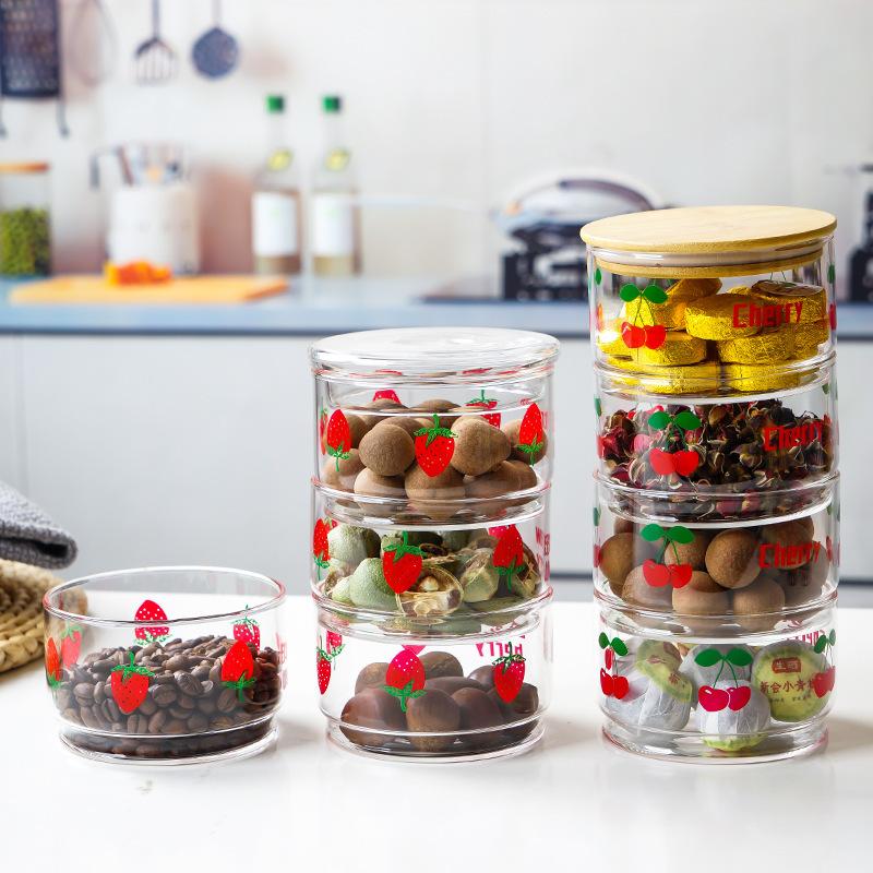 Korean Strawberry Glass Bowl with Bamboo Lid Cute Cherry Snack Box Fruit Capacity Fresh Box Jars with Lid for Kitchen StorageJar