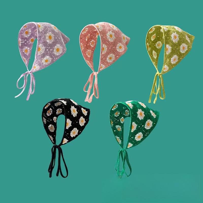 French Field Wind Sweet and Cute Knitted Triangular Headscarf Daisy Headscarf Women's Summer Pure Cotton Headband Headgear