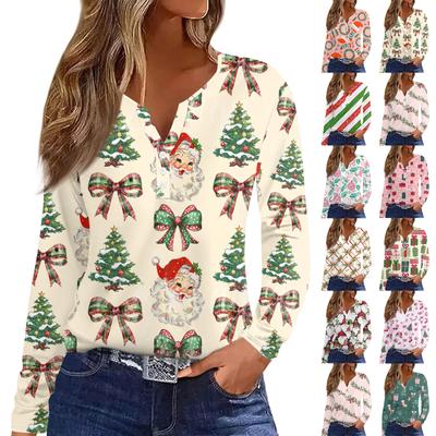 Moda feminina casual natal estampado decote em v manga comprida botão para baixo camiseta top