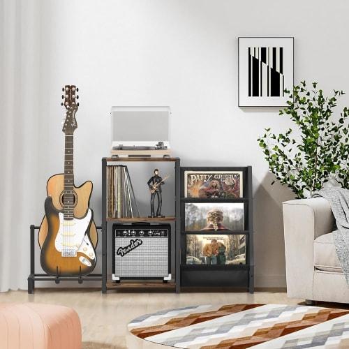 VINAEMO Record Rack, Guitar Stand, 3-Tier Record Shelf, Holds 200 Records, Suitable for Storing Records, Record Players, Speakers, and Audio Equipment
