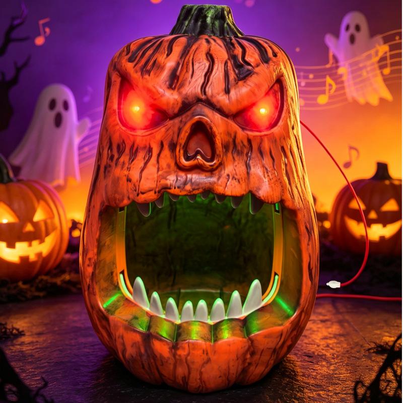 Halloween Horror Skull Face Pumpkin Candy Storage Box Voice-activated Luminous Pumpkin Ornaments for Holiday Party