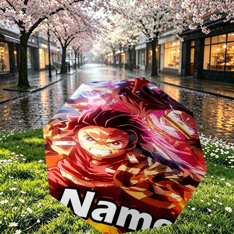 Custom Name Personalized Demon Slayer Print Umbrella, Auto Open Close, 8‑Rib Sturdy Frame, Commute Camping Hiking Use, Birthday Gift