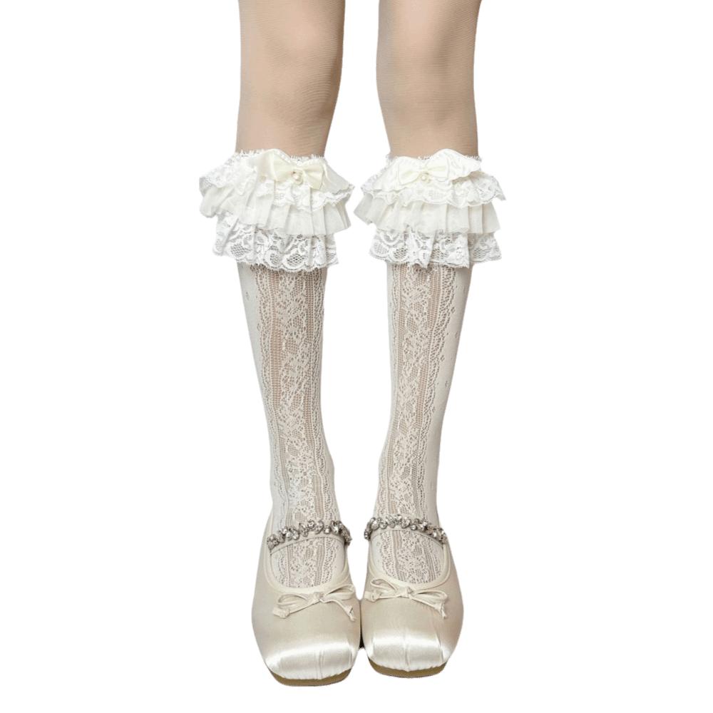 1 Pair Milk White Lace Knee Socks Multi Layer Lace Ladies Socks Sweet Long Cotton Socks Lolita